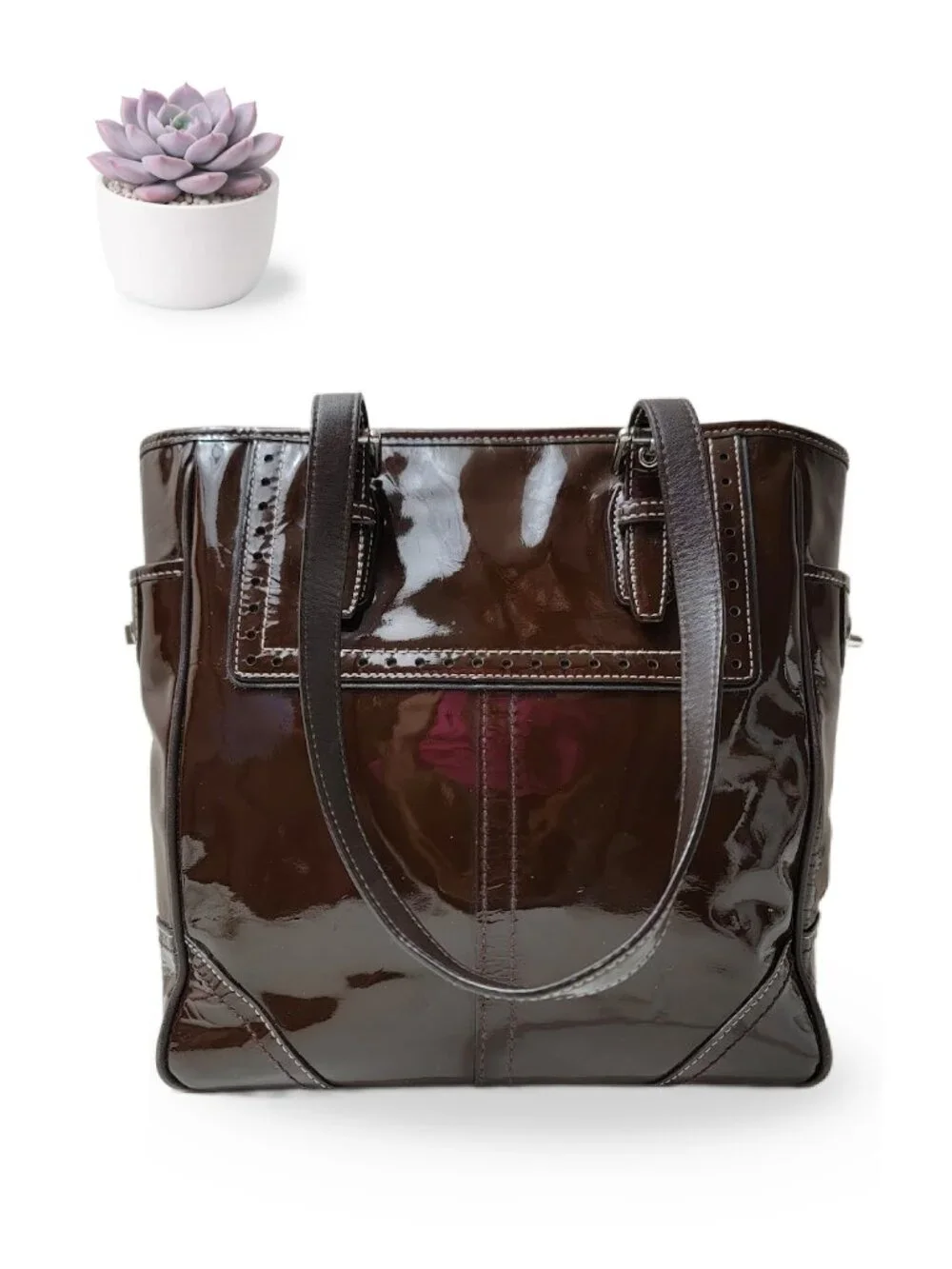 Coach Hamptons Patent Leather Lunch Tote Mahogany Brown Silver Hardware F11519